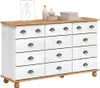 A white dresser with a wooden top and 12 drawers, decorated with a framed drawing and two vases on top. Voir les images du produit