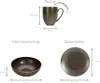 Diagrams showing the dimensions of a mug, a bowl, and a plate. Produktbild-Vorschau