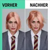 A split image showing a woman's hair before and after using a hair product. The left side shows her hair styled straight, and the right side shows it styled up. Produktbild-Vorschau