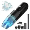 A black handheld vacuum cleaner with a transparent dustbin showing a blue filter and swirling air. Accessories and a charging cable are arranged around it. Produktbild-Vorschau