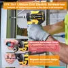 A person wearing gloves and a safety vest is using a cordless drill/screwdriver to tighten a screw into a piece of wood. The image also includes inset photos demonstrating removable fittings and a magnetic connector. Produktbild-Vorschau