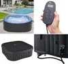 A collage of images showing an inflatable hot tub, its remote control, and its cover. Voir les images du produit