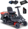 A Scheppach ride-on lawnmower with accessories including batteries, a charger, and oil. The product is shown from a slightly elevated front-side angle against a white background. Produktbild-Vorschau