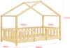 A wooden children's bed with a house-shaped frame and side rails, with dimensions indicated by text overlays. Produktbild-Vorschau