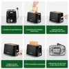 A collage of six images showing the steps to use a toaster. Produktbild-Vorschau
