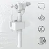 A 3D rendering of a toilet fill valve with icons representing Poland, water conservation, quiet operation, and certification. Produktbild-Vorschau
