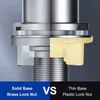 A split image comparing a brass lock nut with a plastic lock nut, with text labels. Produktbild-Vorschau