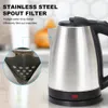 A close-up marketing image of a stainless steel electric kettle, with a magnified view of its spout filter. Produktbild-Vorschau