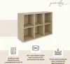 A light wood-colored shelving unit with six compartments is shown against a light background. Below the unit are three icons with accompanying text, highlighting product features. Produktbild-Vorschau