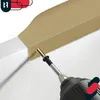 A close-up shot shows a gold-colored metal bracket being screwed into a white surface with a power drill. Produktbild-Vorschau