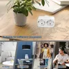 Collage showing a white dual-outlet power adapter on a wooden table with a plant, and then in separate panels, a living room, an office, a person traveling, and a person in a cafe. Produktbild-Vorschau