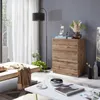 A modern living room scene featuring a wooden chest of drawers, a sofa, a coffee table, and a floor lamp. Náhled obrázku produktu