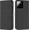 A black flip case for a smartphone is shown, with the phone's camera module visible on the right side. Produktbild-Vorschau