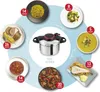 A pressure cooker surrounded by images of various dishes with cooking times. Podgląd zdjęcia produktu