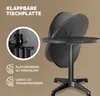 A black round table with a folding top is shown, with a close-up of the folding mechanism and text highlighting its features. Produktbild-Vorschau