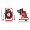 Two views of a red pipe cleaning machine on a white background, with dimensions indicated. Podgląd zdjęcia produktu