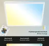 A rectangular LED panel light with a gradient of warm yellow to cool blue light, shown with a remote control and text indicating color temperature change options. Produktbild-Vorschau