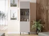 A tall, narrow display cabinet with a fluted front is shown in a well-lit room with decorative artwork and a plant. Náhled obrázku produktu