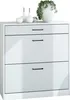A white shoe cabinet with three drawers is shown against a white background. Decorative items, including a plant in a white pot, are placed on top of the cabinet. Produktbild-Vorschau