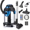A wet/dry vacuum cleaner and its accessories are displayed against a white background. Produktbild-Vorschau
