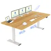 A standing desk with multiple monitors, a laptop, and accessories, with diagrams of its mechanical components. Produktbild-Vorschau