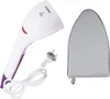 A white and purple handheld garment steamer and a gray ironing glove are displayed on a white background. Produktbild-Vorschau