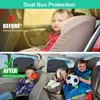 A split image showing a child in a car seat before and after using sunshades. Produktbild-Vorschau