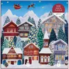 A winter village scene with houses, snow-covered trees, and Santa Claus in a sleigh pulled by a reindeer in the sky. Podgląd zdjęcia produktu