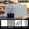 A large grey tent garage with a car inside, set in a driveway with a modern house in the background. The bottom of the image features a collage of product details. Náhled obrázku produktu