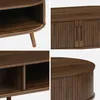 A collage of four close-up images of a wooden coffee table, showcasing its design details. Produktbild-Vorschau