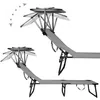 Two views of a foldable gray lounge chair with a canopy, shown against a white background. The top view shows the canopy in a raised position, and the bottom view shows the chair fully extended. Anteprima dell’immagine prodotto