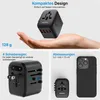 A hand holding a travel adapter, with other images showing details of the adapter and its size relative to a phone. Produktbild-Vorschau