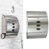 A collage showing a stainless steel mailbox mounted on a brick wall and a separate view of the mailbox. Produktbild-Vorschau