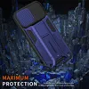 A dark, dramatic scene with blue lighting and jagged rock formations, featuring a dark blue phone case with a sliding camera cover. Produktbild-Vorschau