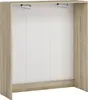 A front view of a wardrobe with three doors, made of wood-effect material and white panels. Produktbild-Vorschau