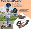 A young girl riding an orange scooter on a paved path with houses in the background. Text overlays describe features. Produktbild-Vorschau