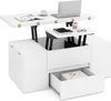 A white lift-top coffee table with storage compartments and a drawer, shown with its top extended and a laptop, book, and cup on it. Podgląd zdjęcia produktu