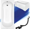 A collage of a white bathtub, a separate view of the bathtub with its skirt, and a drain assembly. Produktbild-Vorschau
