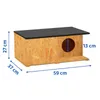 A wooden outdoor cat house with dimensions indicated by measurement lines and text. Náhled obrázku produktu