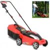 A red electric lawnmower is shown from the front-left, with a small inset image of a woman using a similar lawnmower in a grassy yard. Produktbild-Vorschau