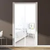 A bedroom with a bed and a nightstand, with a white pleated door curtain installed. Produktbild-Vorschau