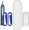 A collection of Oral-B electric toothbrush accessories, including the toothbrush handle, two brush heads in protective cases, a charging base, and a travel case. Produktbild-Vorschau