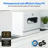 A white compact dishwasher is shown on a kitchen counter, with promotional text and awards displayed. Produktbild-Vorschau