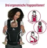 A woman is demonstrating a baby carrier with a baby in it, and there are diagrams showing different ways to wear the carrier. Produktbild-Vorschau