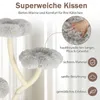 A close-up view of a cat tree with plush cushions, highlighting its features with text overlays. Podgląd zdjęcia produktu