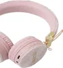 Close-up of pink over-ear headphones with gold accents and a patterned fabric on the earcups. Produktbild-Vorschau