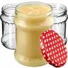 Three glass jars, one filled with a yellow substance, and a red lid with white hearts are arranged on a white background. Produktbild-Vorschau