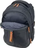 A dark gray backpack with brown accents is shown from the front with one of its main compartments open. Náhľad obrázku produktu