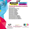 Marketing image showing compatible printer models and toner cartridge information. Produktbild-Vorschau