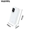 A white power bank with dimensions indicated by lines and text. Produktbild-Vorschau